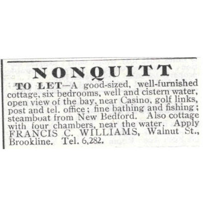 Nonquitt Home to Let New Bedford Francis C. Williams - 1903 Original Ad TJ8-7-7