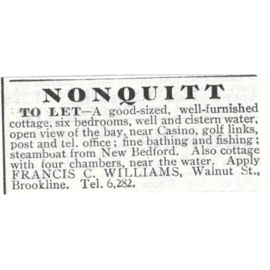 Nonquitt Home to Let New Bedford Francis C. Williams - 1903 Original Ad TJ8-7-7