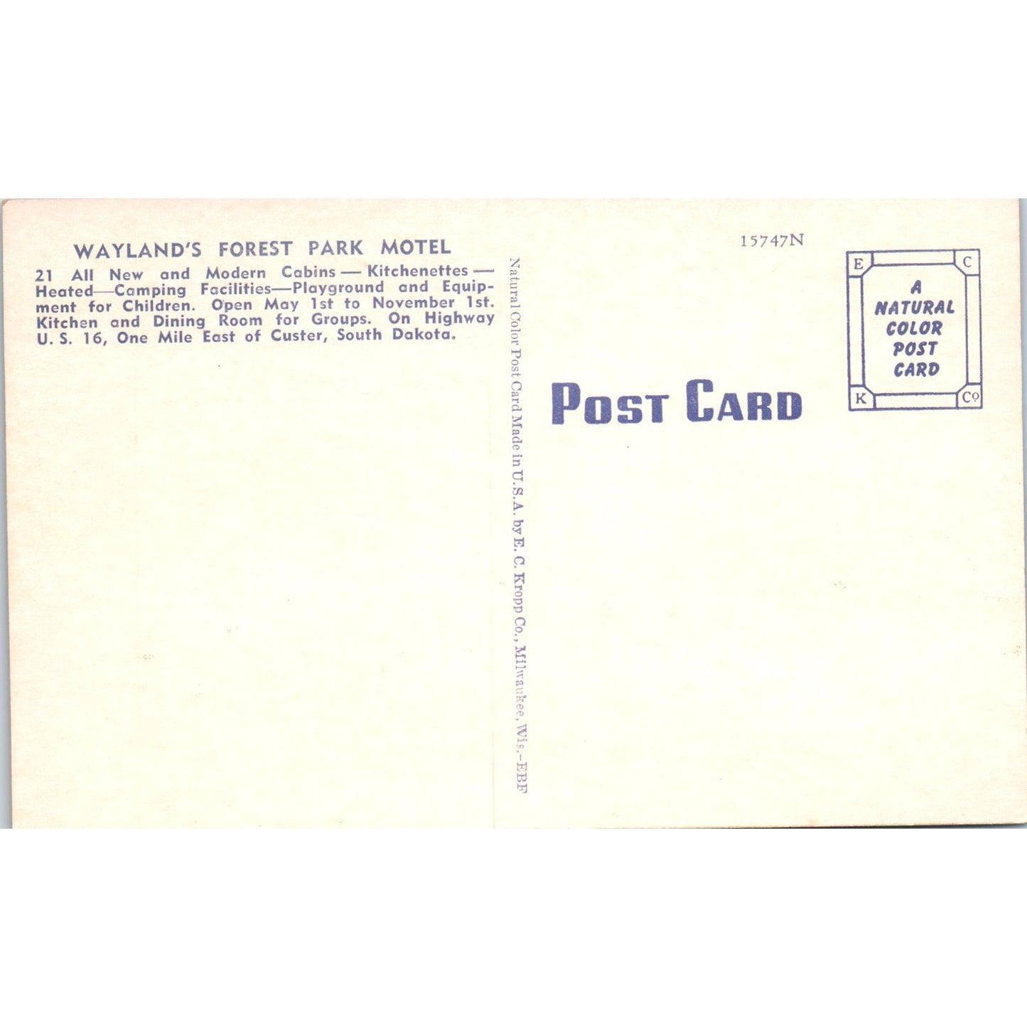 Weyland's Forest Park Motel Custer South Dakota - Original Postcard P3-4