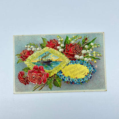 1910s Postcard Birthday Embossed Steamship Gilt SC9