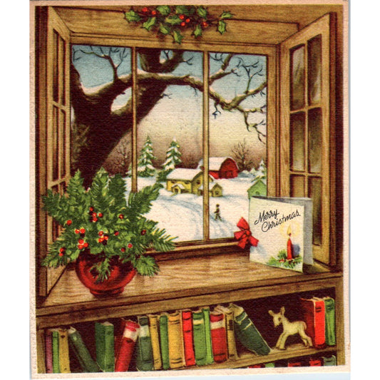 1940s Gibson Christmas Card View of a Winter Farmhouse Scene from Window SF2