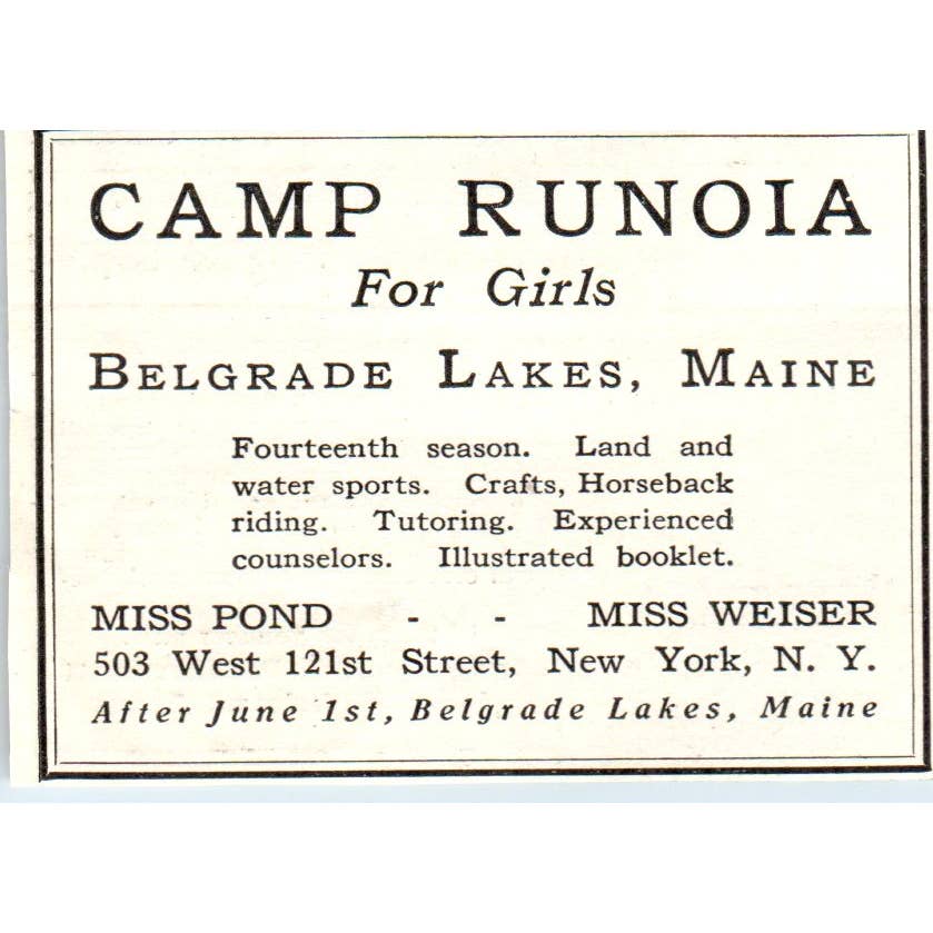 c1920 Harper's Ad - Camp Runoia for Girls Belgrade Lakes ME Pond Weiser EA3-1