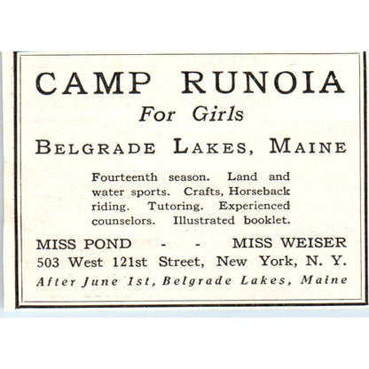 c1920 Harper's Ad - Camp Runoia for Girls Belgrade Lakes ME Pond Weiser EA3-1