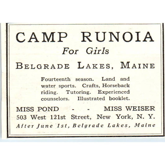 c1920 Harper's Ad - Camp Runoia for Girls Belgrade Lakes ME Pond Weiser EA3-1