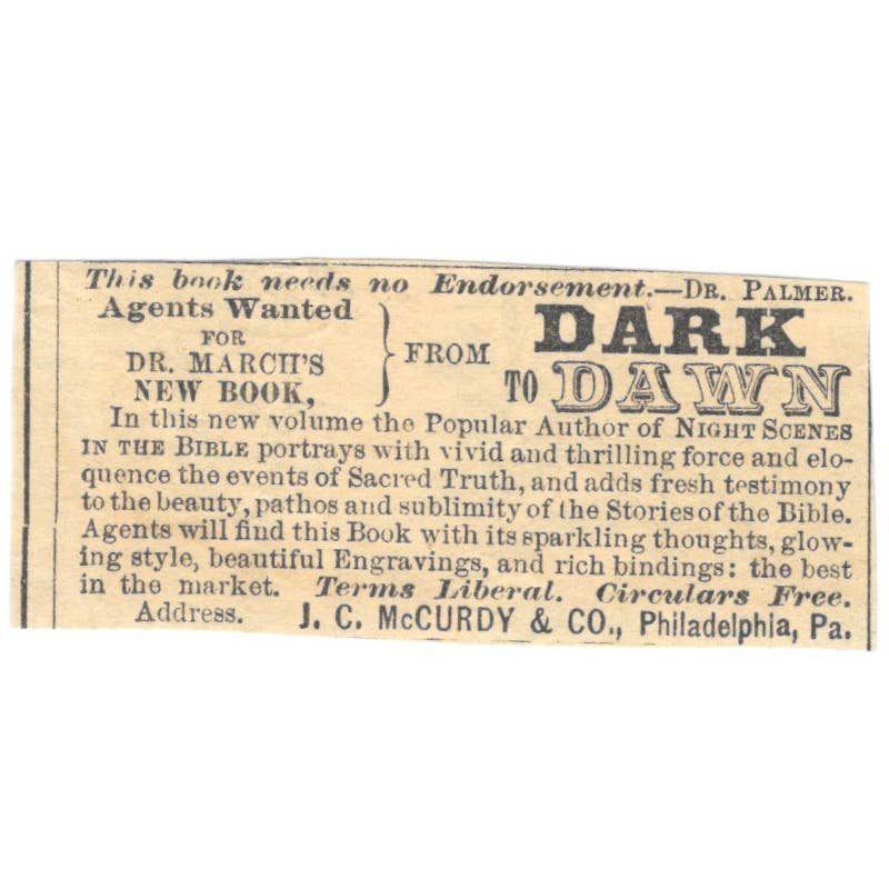 From Dark to Dawn J.C. McCurdy & Co Philadelphia - Ad 1878 Original TJ7-L2-4