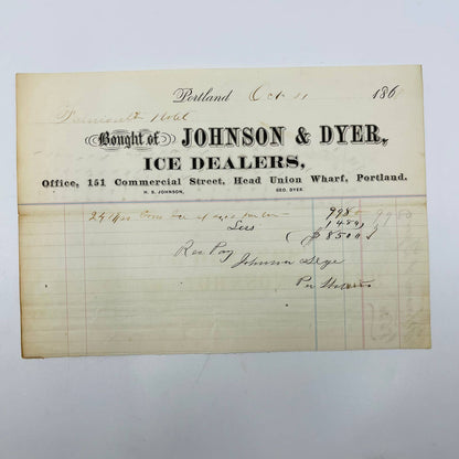 1868 Johnson & Dyer Ice Dealers Portland ME Falmouth Hotel Stamp Billhead AA5