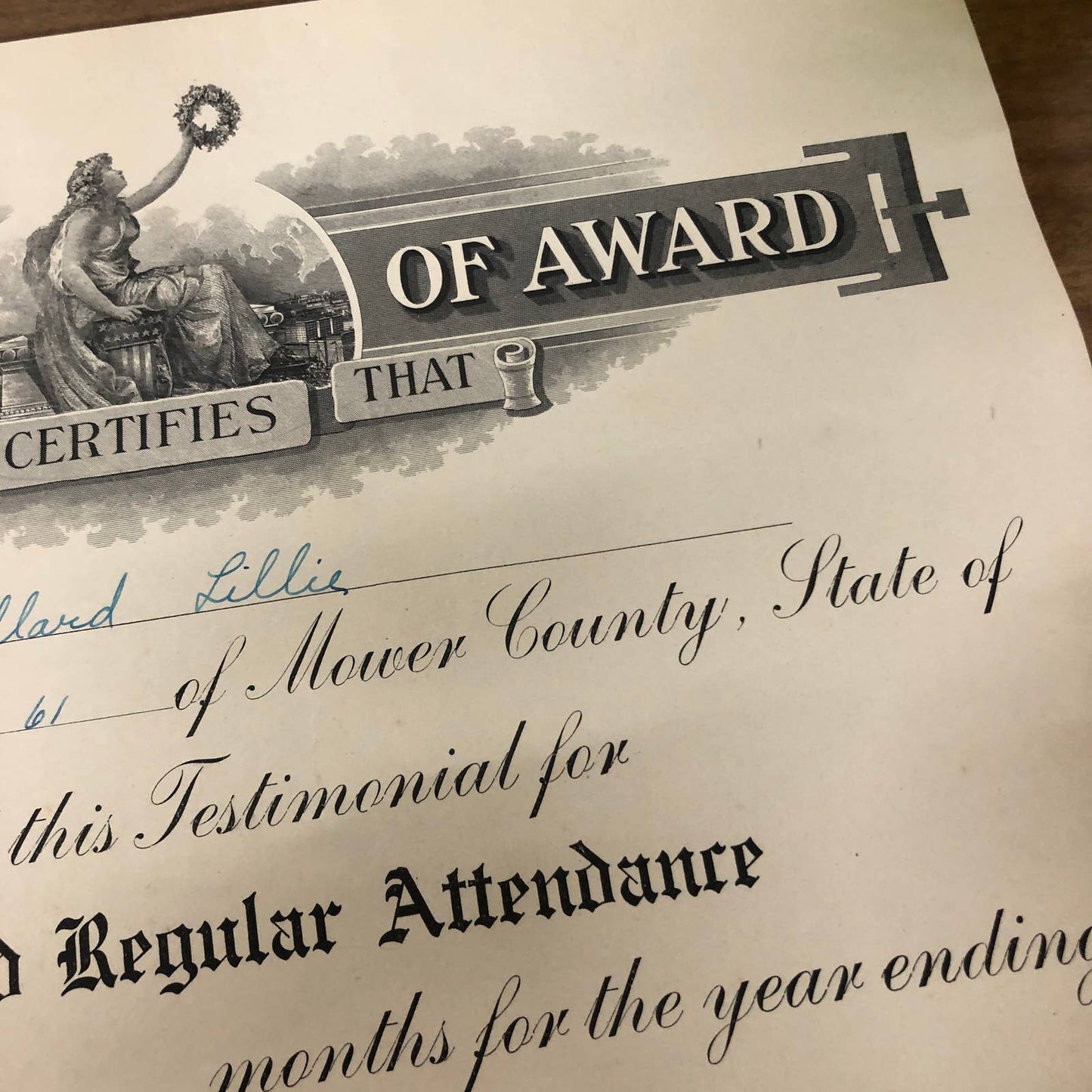 1924 Punctual Regular Attendance Certificate Award Willard Lillie Austin MN RU1