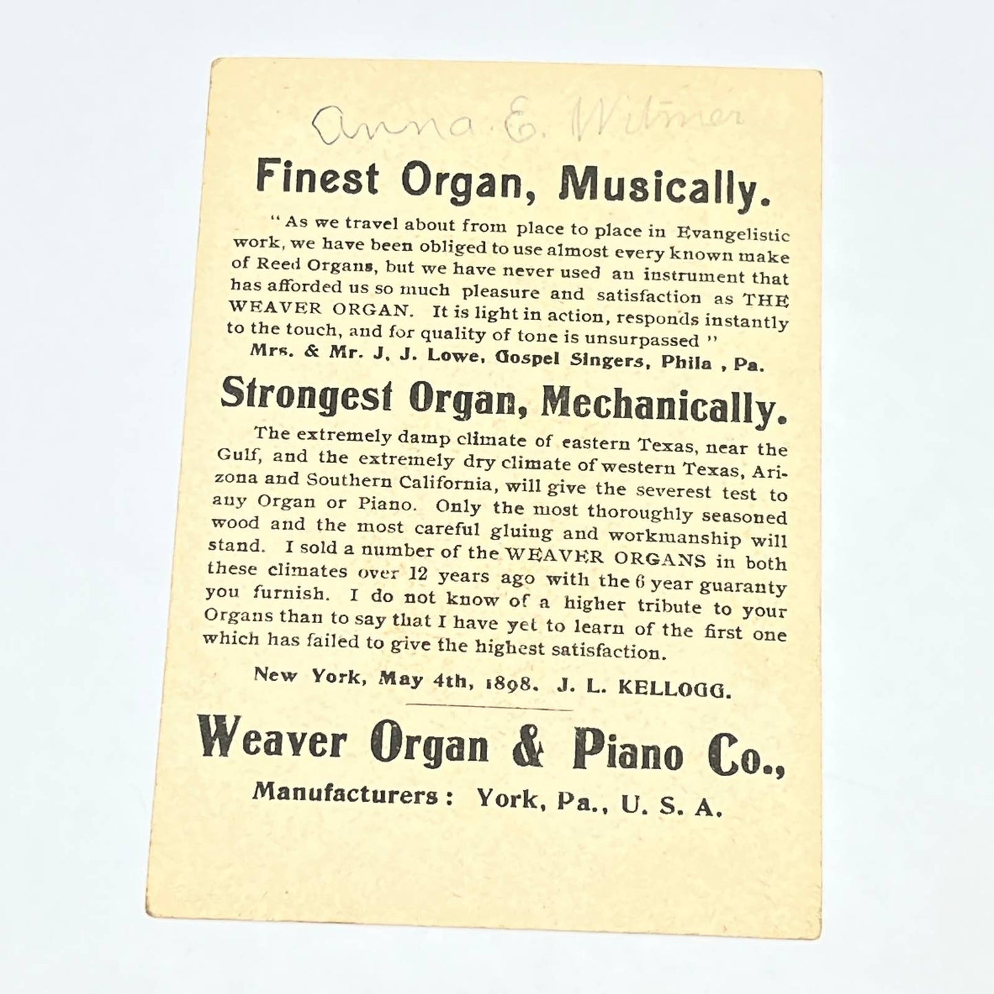 Original 1880s Victorian Trade Card Weaver Organ & Piano Co York PA AB6