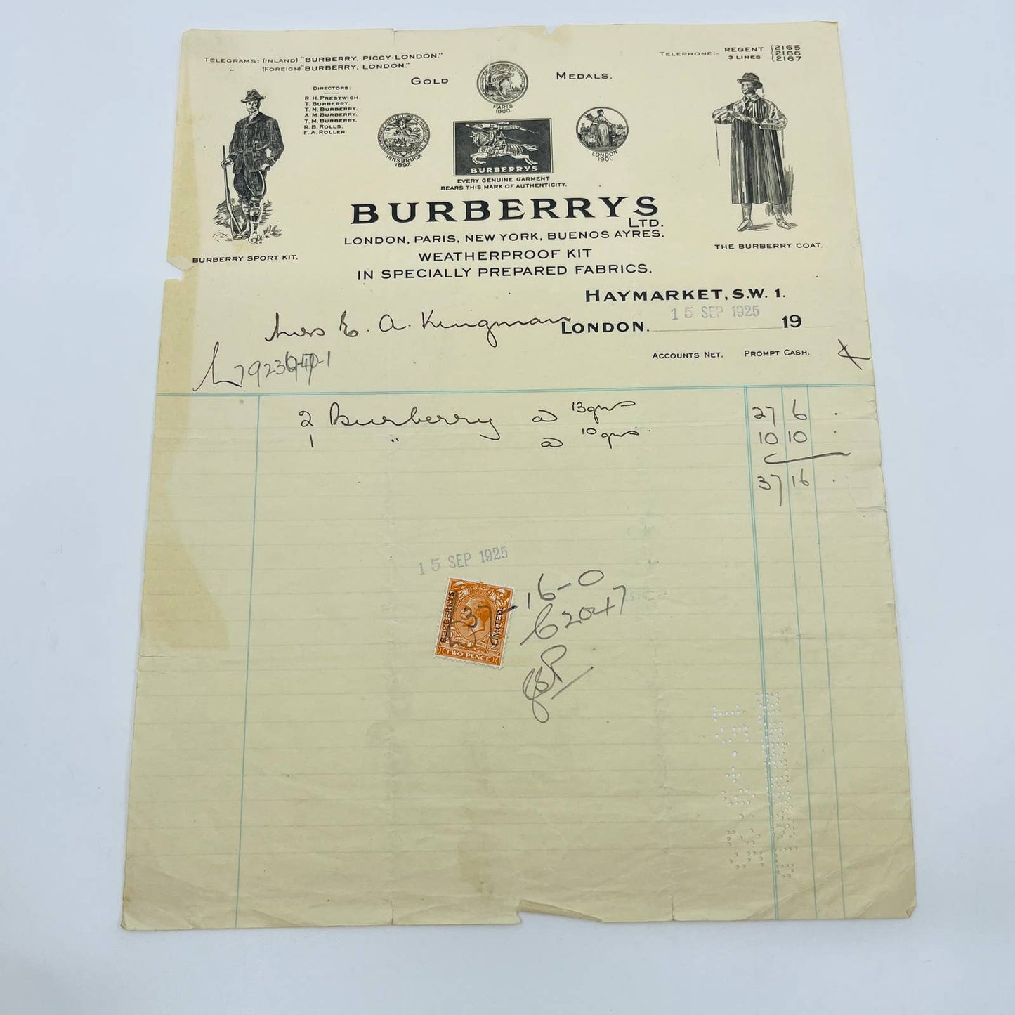 1925 Burberrys Ltd London Billhead Letterhead Receipt AA4