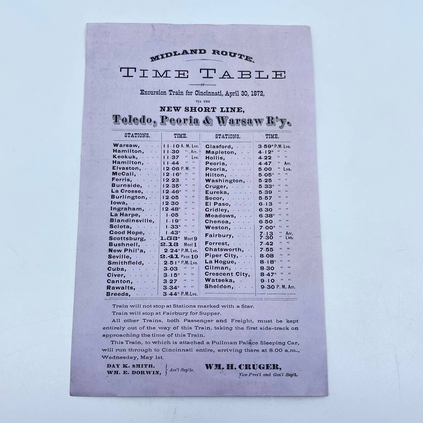 1872 Midland Route Time Table New Short Line Toledo Peoria & Warsaw Railway AB1