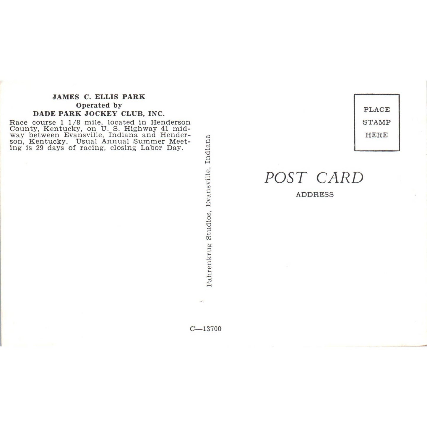 James C. Ellis Park Dade Park Jockey Club Original Postcard TK1-23