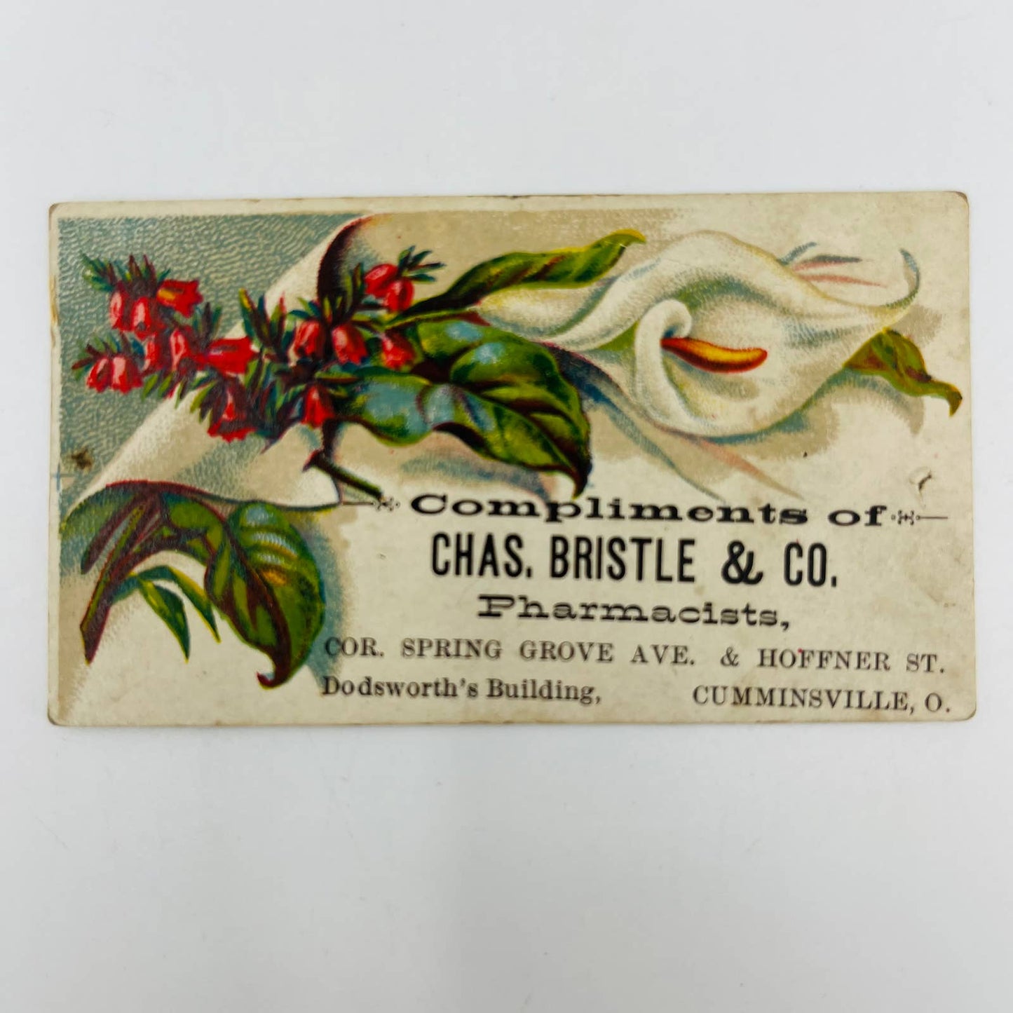 1880s Trade Card Chas. Bristle Pharmacists Cumminsville OH Calla Lily AA2