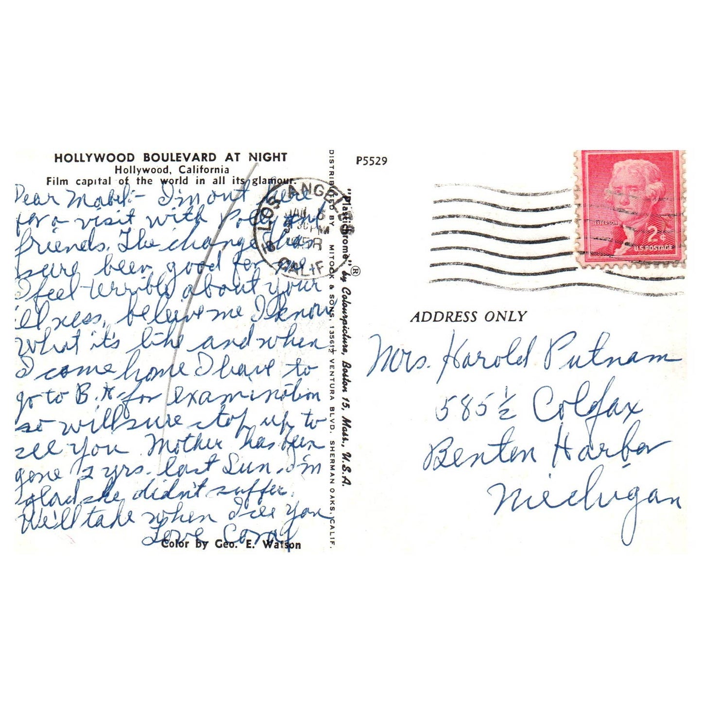 Vintage Postcard - Hollywood Boulevard at Night California AD9