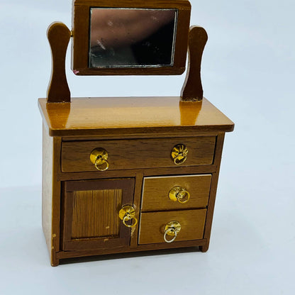 Vintage Dollhouse Furniture Solid Wood Dresser Vanity w/ Mirror 4” TD2