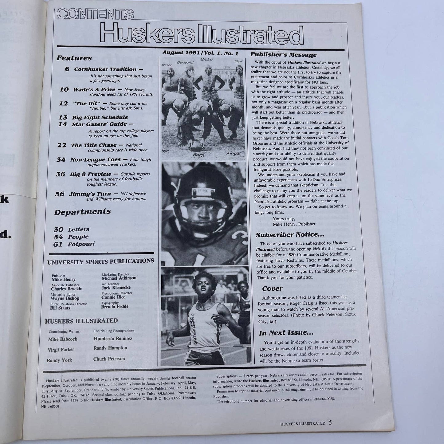 1981 First Issue - Nebraska Huskers Illustrated Magazine -  Roger Craig TH7
