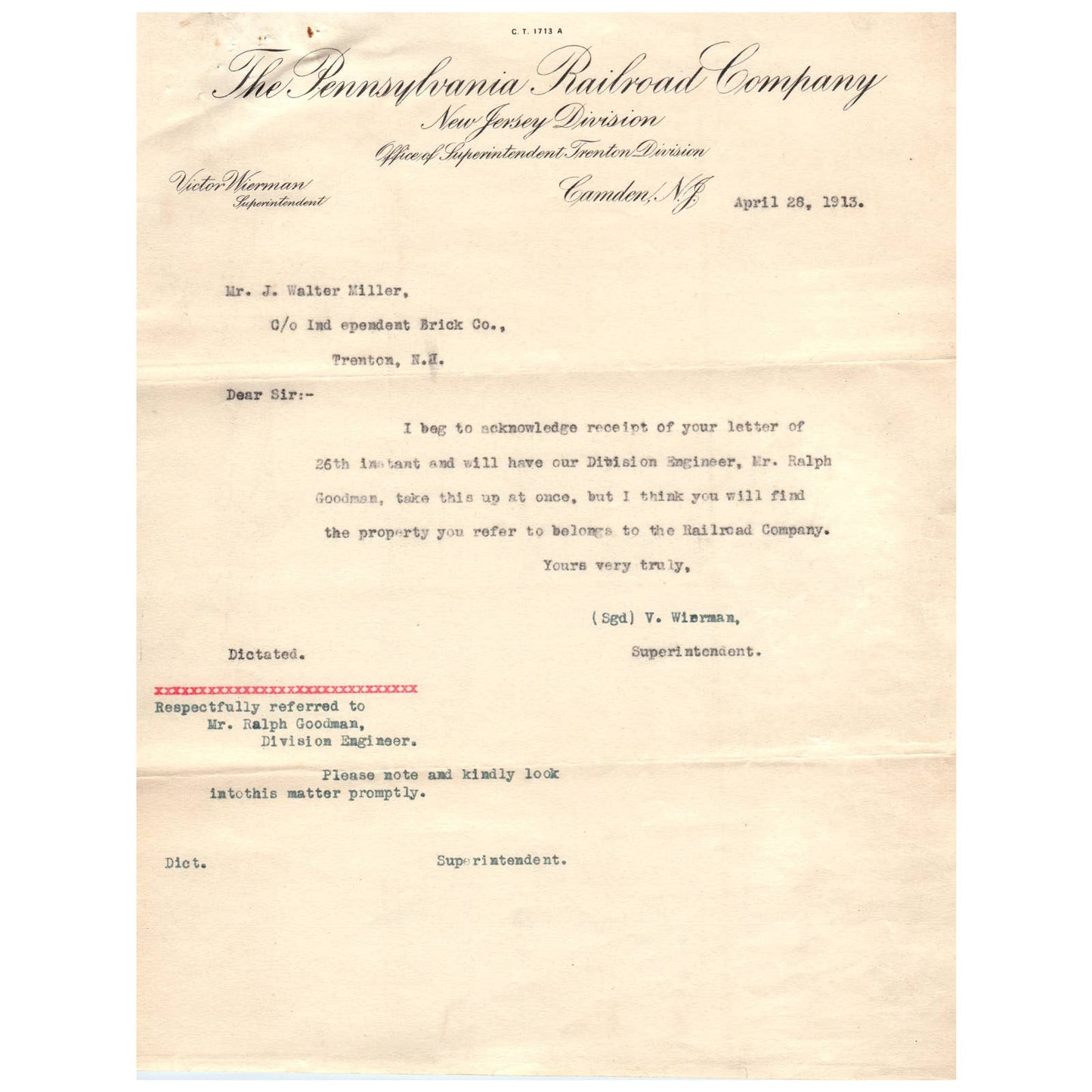 1913 Pennsylvania Railroad Company New Jersey Division Letterhead Memo AD8