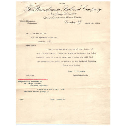 1913 Pennsylvania Railroad Company New Jersey Division Letterhead Memo AD8