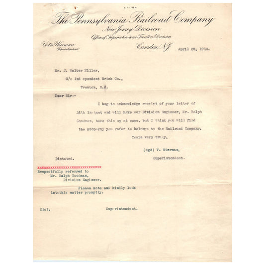 1913 Pennsylvania Railroad Company New Jersey Division Letterhead Memo AD8