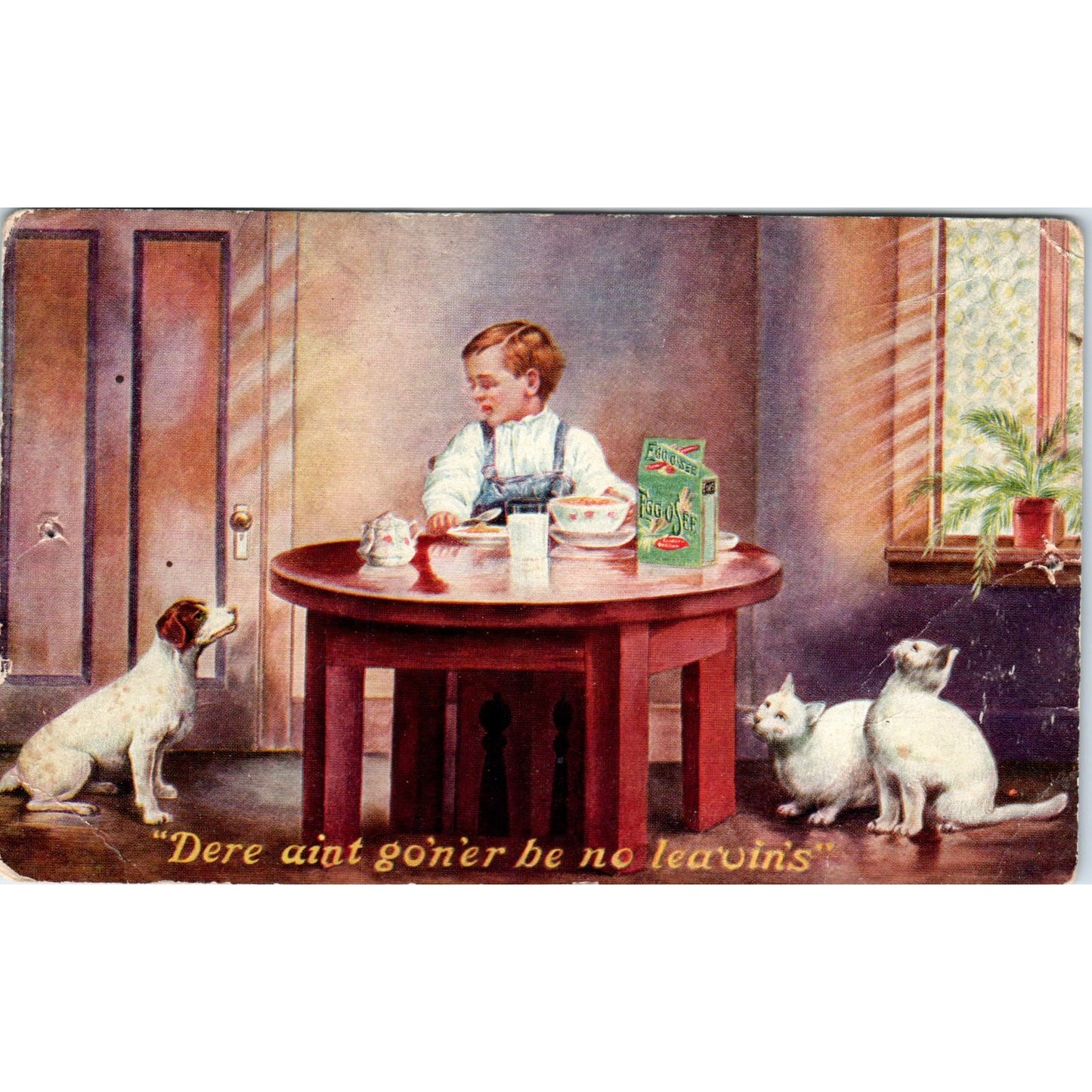 Antique Postcard Dog & Cats Little Boy Eating Egg-O-See Cereal PE8