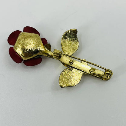 Vintage Red Enamel Rose Brooch Gold Tone SB2