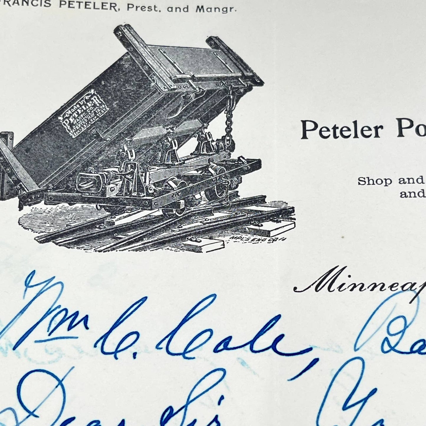 1902 Peteler Portable Railway Manufacturing Co. Letterhead Minneapolis MN AB2