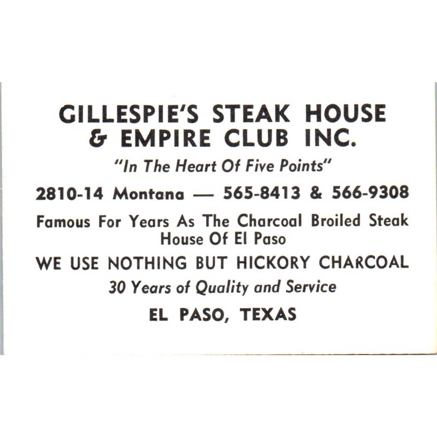 Vintage Business Card Leon Gillespie's Steak House & Empire Club El Paso TX SE5
