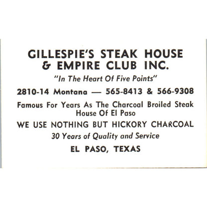 Vintage Business Card Leon Gillespie's Steak House & Empire Club El Paso TX SE5