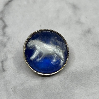Vintage Small Blue Button Charm With Silver Tone Horse Inlay SE7