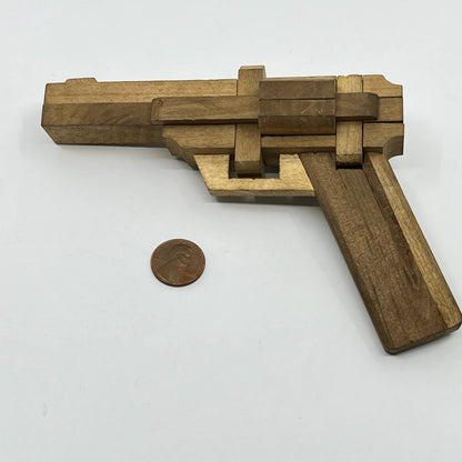 Unique Vintage Wooden Brain Teaser Puzzle - Pistol / Handgun Shaped TF5