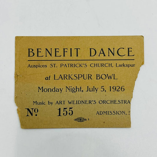 1926 Larkspur CA Bowl Benefit Dance Ticket Stub Art Weidner Orchestra EA4