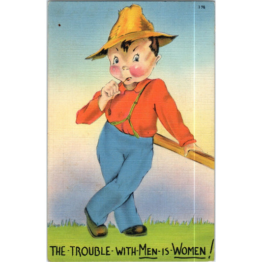 1940 The Trouble With Men is Women Humor Cartoon Original Postcard P2-4