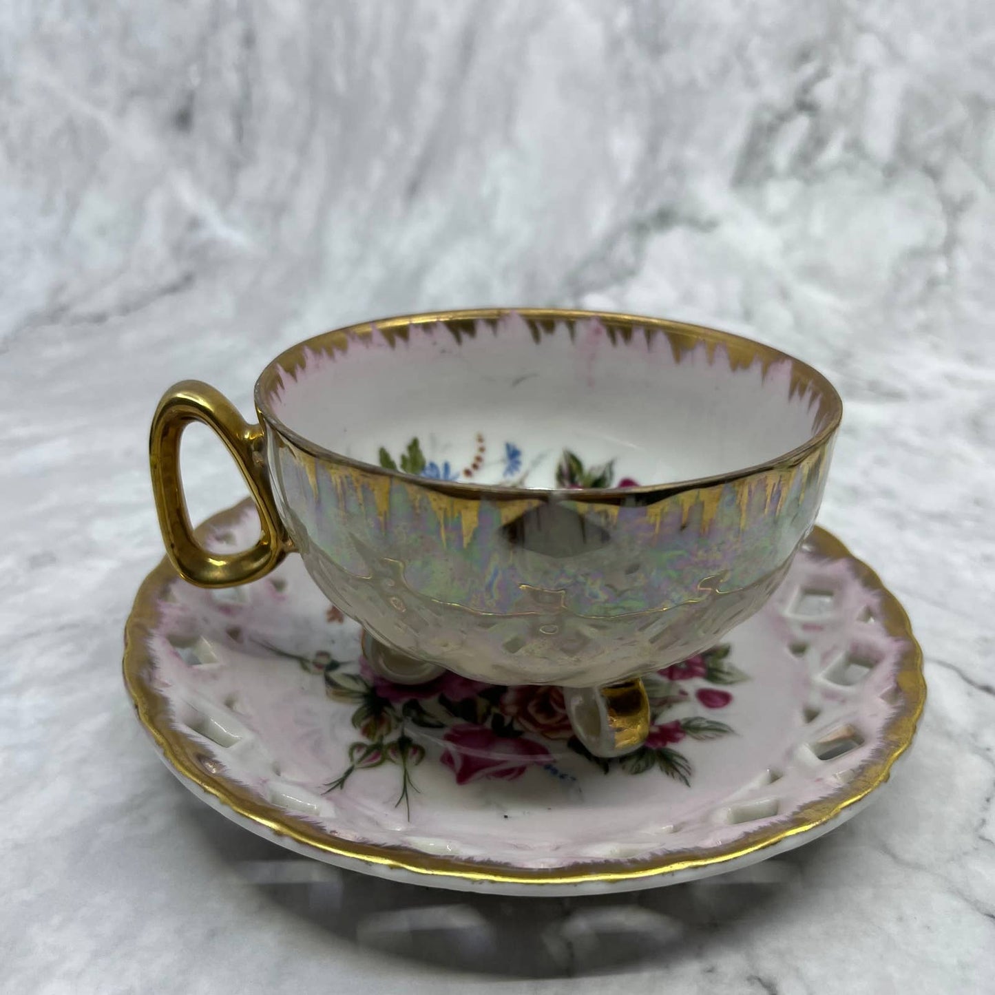Sterling China Japan Opalescent Loop Footed Cup And Saucer With Gold Trim TA7