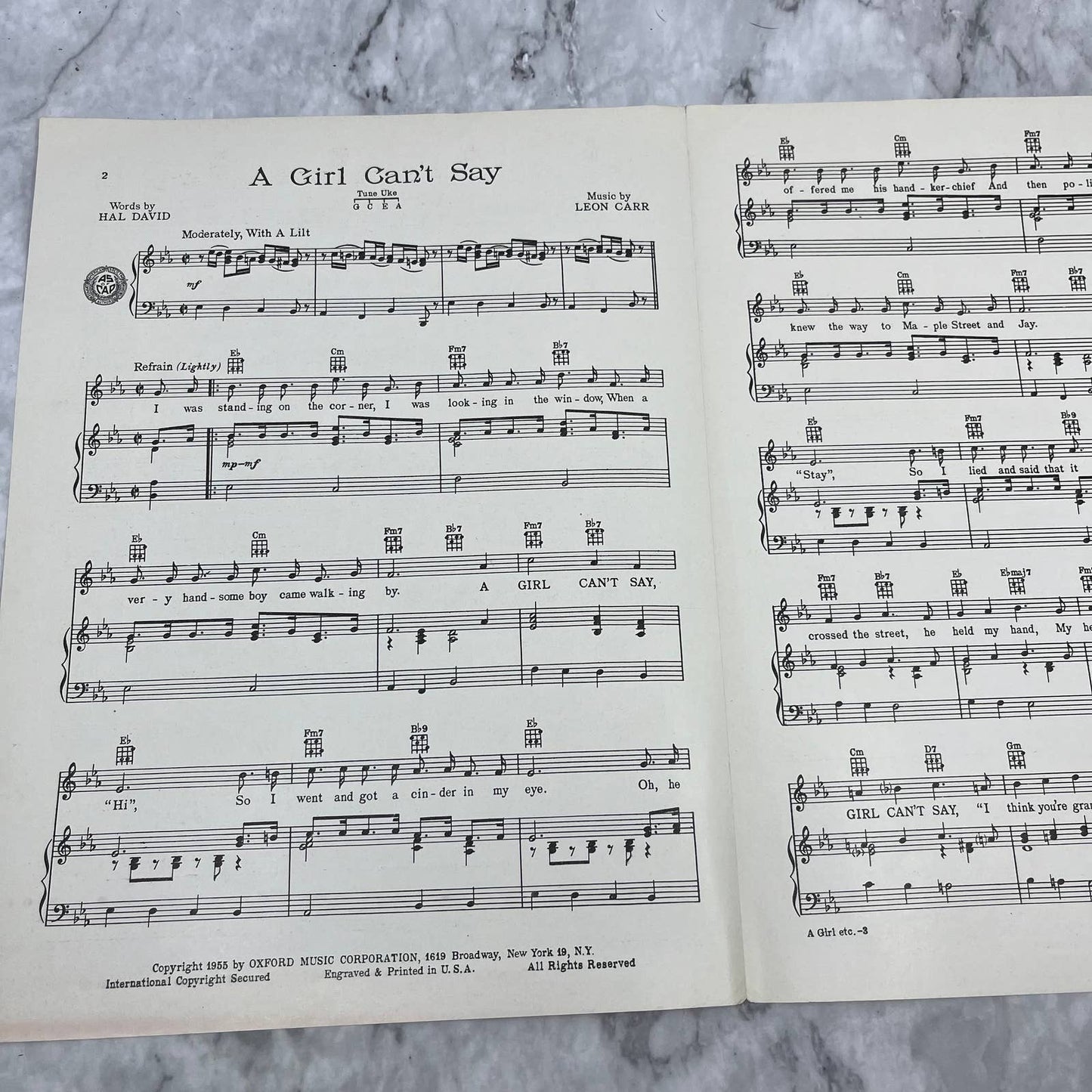 Vintage Sheet Music - A Girl Can't Say - Leon Carr Hal David Eydie Gorme TI1