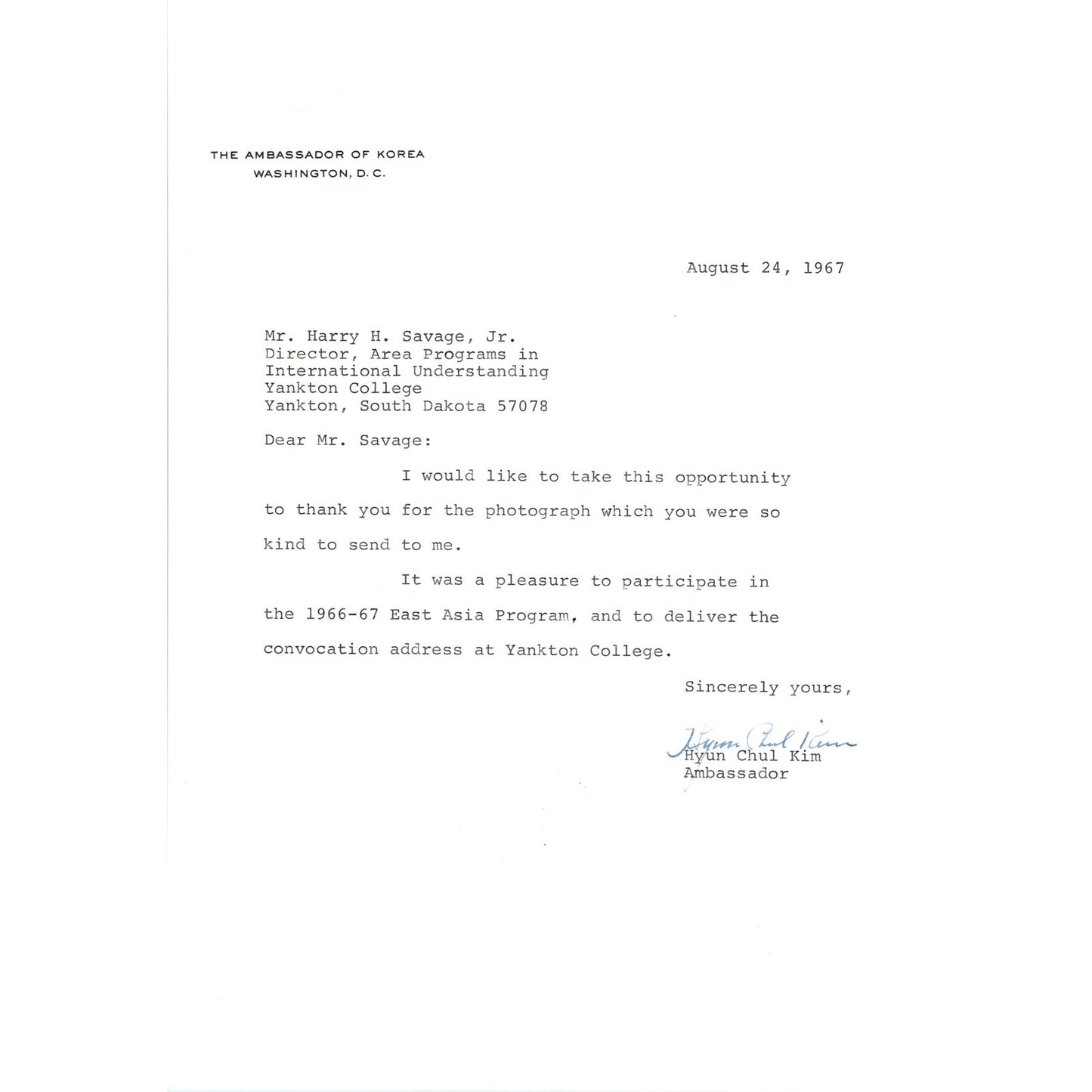 Korean Ambassador to the US Letterhead Memo Hyun Chul Kim 8/24/67 B14