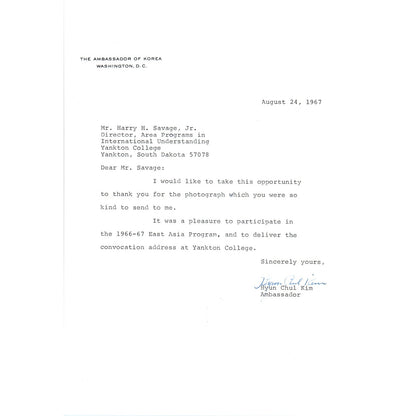 Korean Ambassador to the US Letterhead Memo Hyun Chul Kim 8/24/67 B14