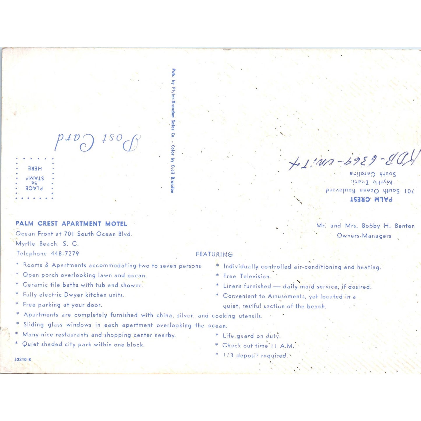 Vintage Large Postcard Palm Crest Apartment Motel Myrtle Beach SC EA3-2