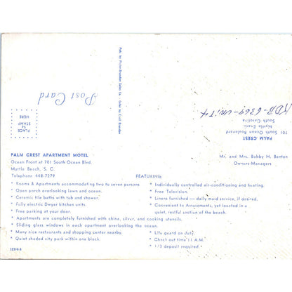 Vintage Large Postcard Palm Crest Apartment Motel Myrtle Beach SC EA3-2