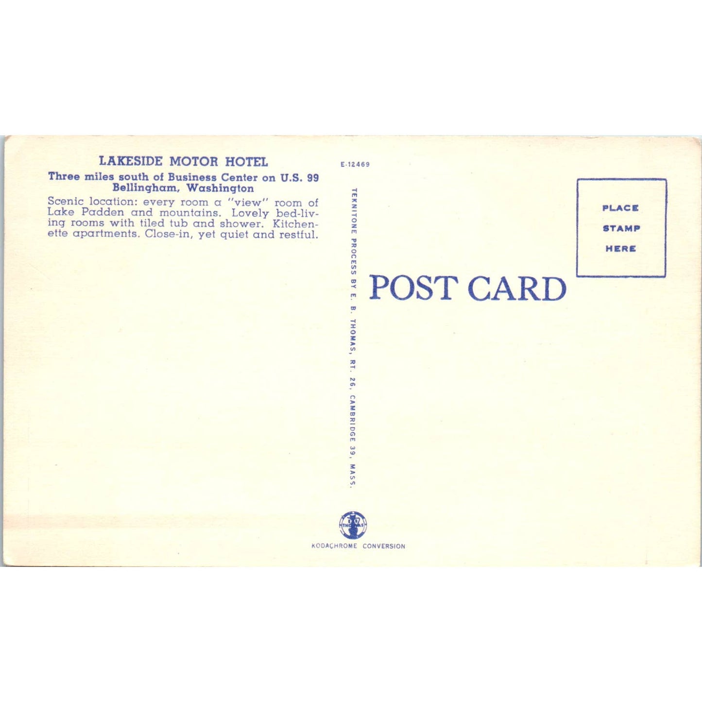 Vintage Postcard Lakeside Motor Hotel Bellingham Washington TD9-W2