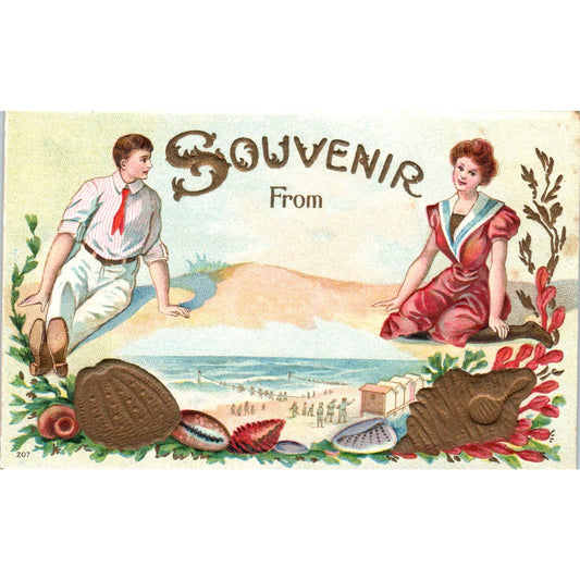 Victorian Embossed Beach Romance Scene c1910 Original Souvenir Postcard TK1-21-4