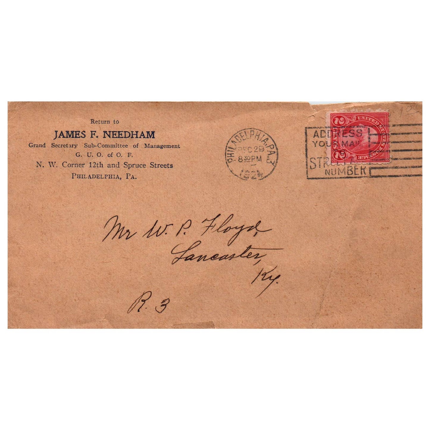 1924 Envelope James F. Needham G. U. O. of O. F. Philadelphia PA SE4