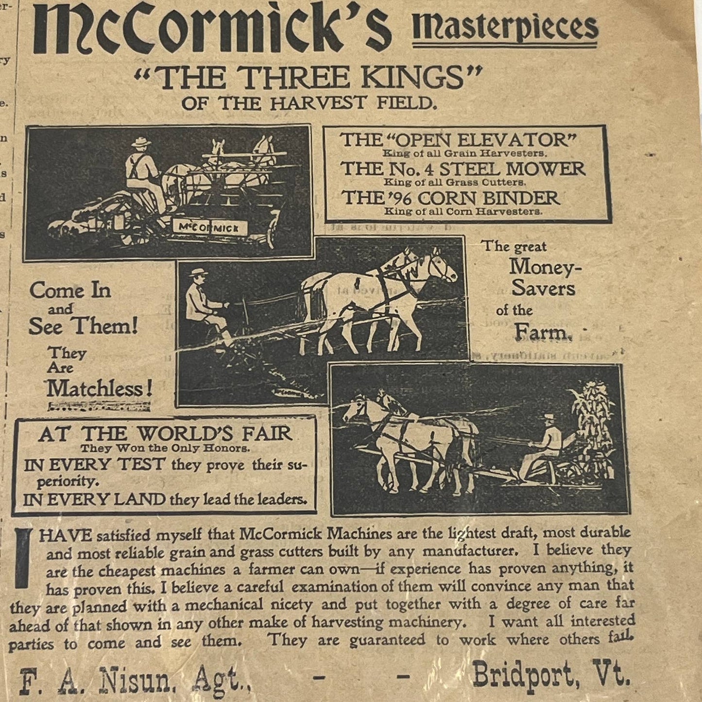 1896 Middlebury VT Register McCormick Ad Harvest Field 3 Kings World's Fair AB7