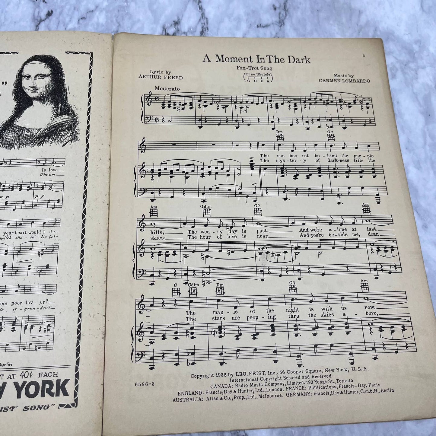 Vintage Sheet Music 1932 A Moment in the Dark Fox Trot Carmen & Guy Lombardo TI1