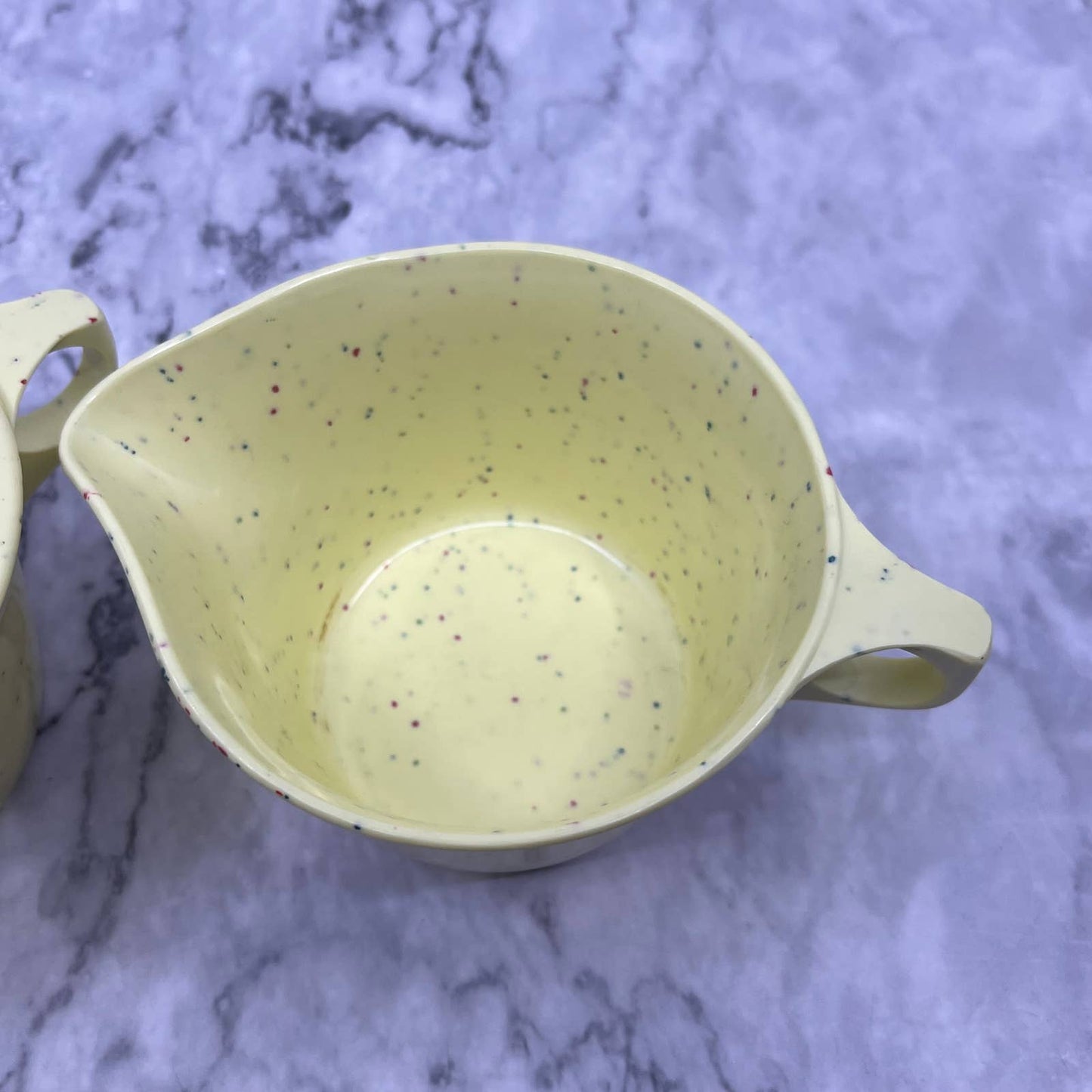 VTG Imperial Ware Speckled Confetti Yellow MCM Cream & Sugar Melmac Malamine TA3