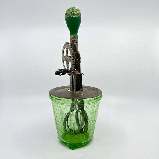 1920s Green Uranium Glass Hand Mixer Beater Blender Jar World Products Corp TE4