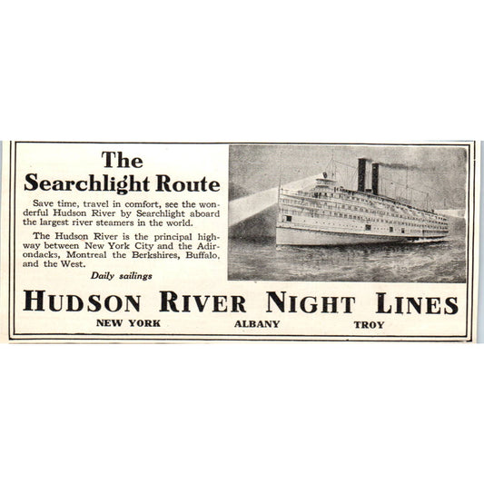 c1920 Harper's Ad - Hudson River Night Lines The Searchlight Route Steamers EA3