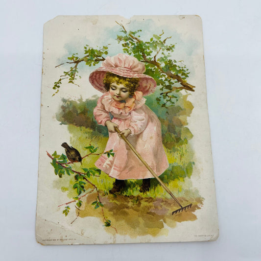 Victorian 1800s Trade Card Lion Coffee Adorable Girl in Pink Raking Robin AH9-2