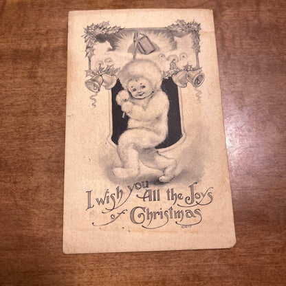 c1910 B&W Snow Baby I Wish You All The Joys Christmas Greetings Postcard PA2