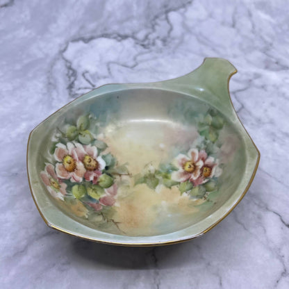 Antique M Z Austria Fine China Bowl Dish Green Floral 4.75x6.5 TE4