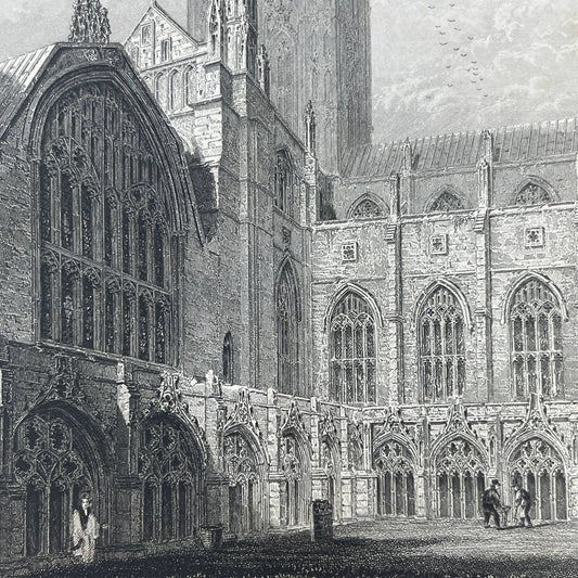 1836 Original Art Engraving Canterbury Cathedral View From the Cloisters AC6
