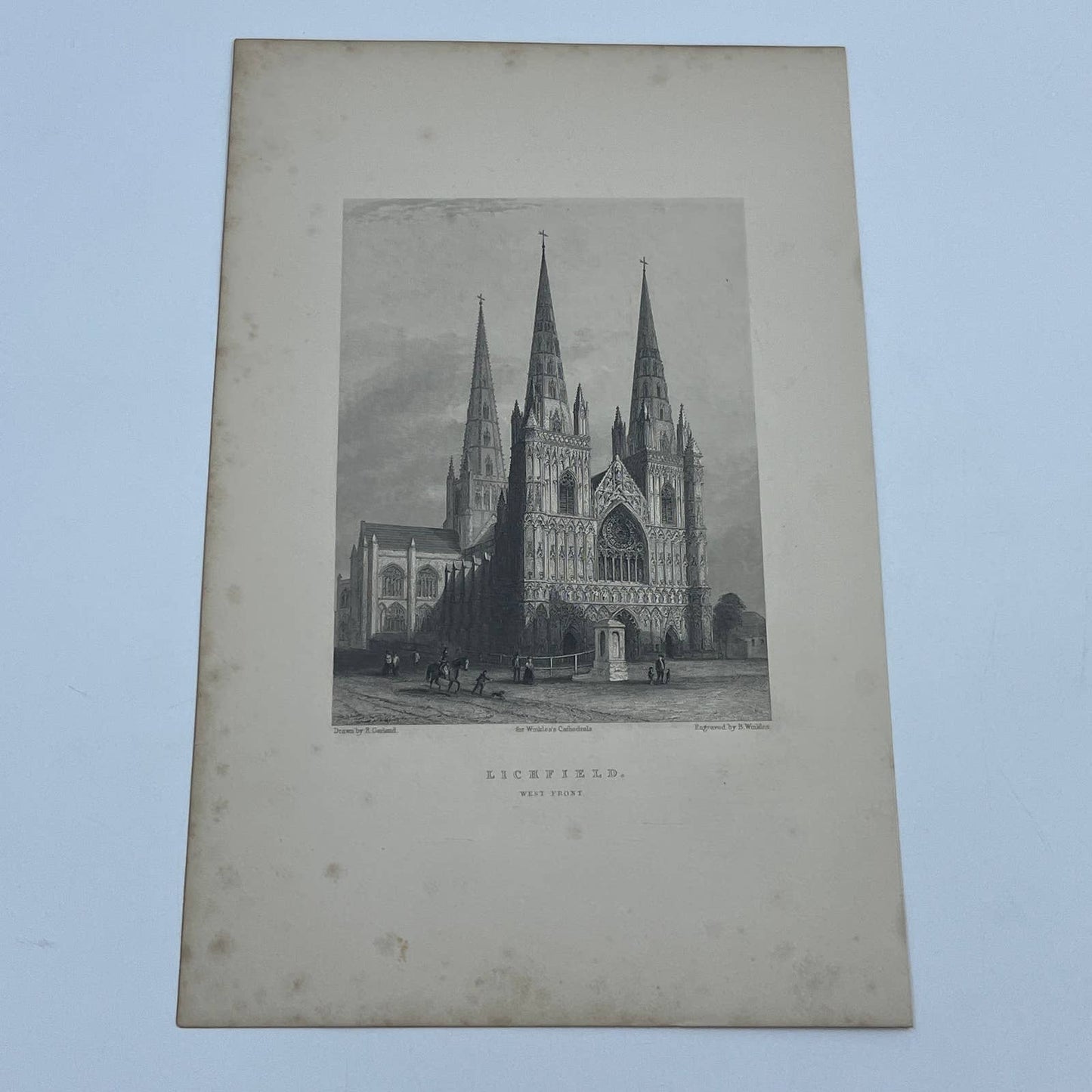 1842 Original Art Engraving Lichfield Cathedral View of the West Front AC6